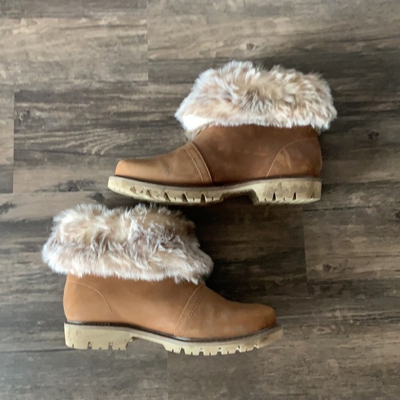 CAT‎ Leather Fur Cuff Winter Boots Tan - Picture 1 of 11